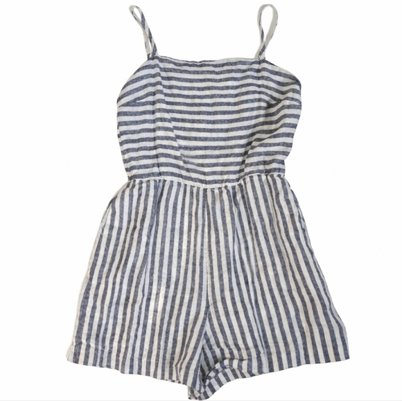 C&C California Pants - 100% linen striped blue white romper with pockets resort cruise wear size 8